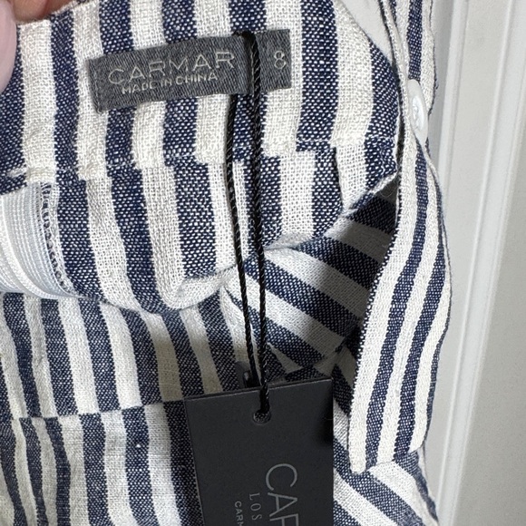 CARMAR Blue White Striped Overall Skirt Dress Linen Suspender Mini NWT 8 - Picture 2 of 10